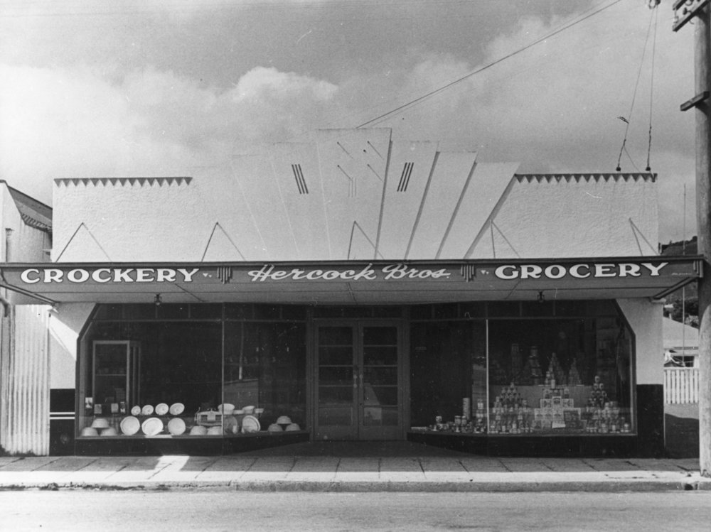 Main St, Upper Hutt, Jan. 1948; south side 25A; Hercock Brothers, crockery and grocery; site of Astral Towers. [P3-103-564]