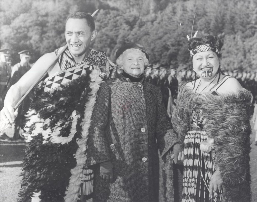 City status proclamation, Maidstone Park; Don Mananui; Mrs Kinsman, Mayoress; 'Auntie Dovey' (Katene Horvath)