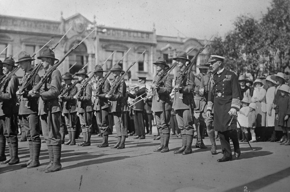 Inspection by Lord Jellicoe at unveiling of Feilding War Memorial.