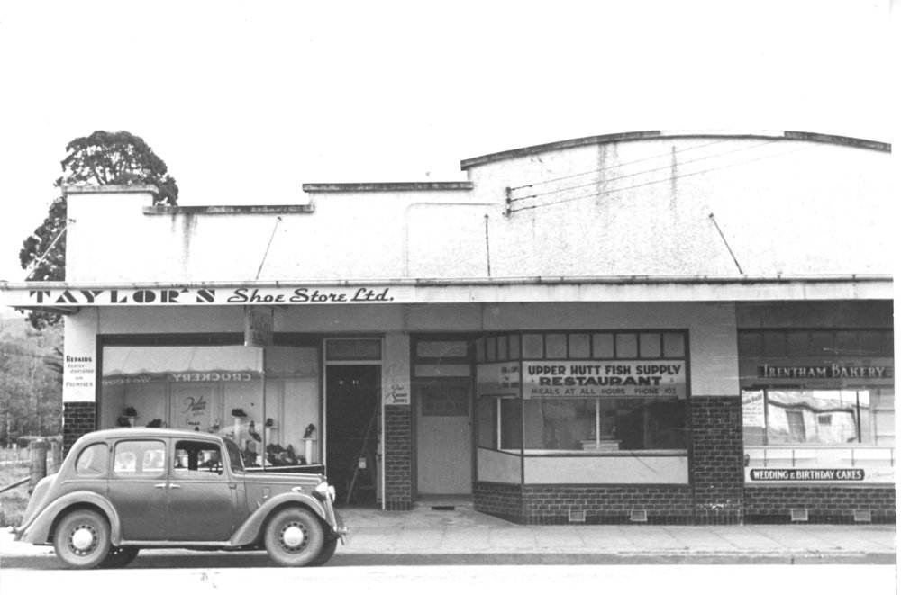 Main St, Upper Hutt, Jan. 1948; north side 02; Taylors-UH Fish Supply-Trentham Bakery