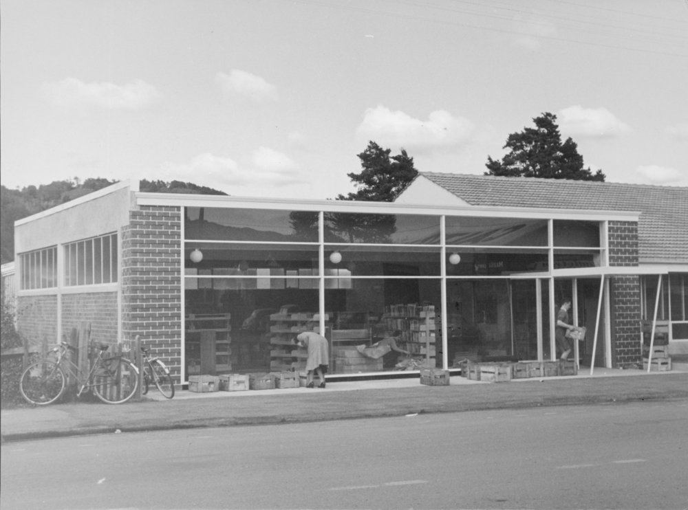 Library 2, 6 Main Street; exterior 1; moving in, September 1956; Council offices at right
