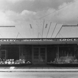 Main St, Upper Hutt, Jan. 1948; south side 25A; Hercock Brothers, crockery and grocery; site of Astral Towers. [P3-103-564]
