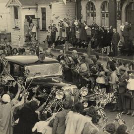 Royal tour 1954; Daimler passing Council Chamber dais, Main Street