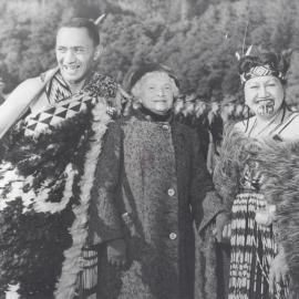 City status proclamation, Maidstone Park; Don Mananui; Mrs Kinsman, Mayoress; 'Auntie Dovey' (Katene Horvath)